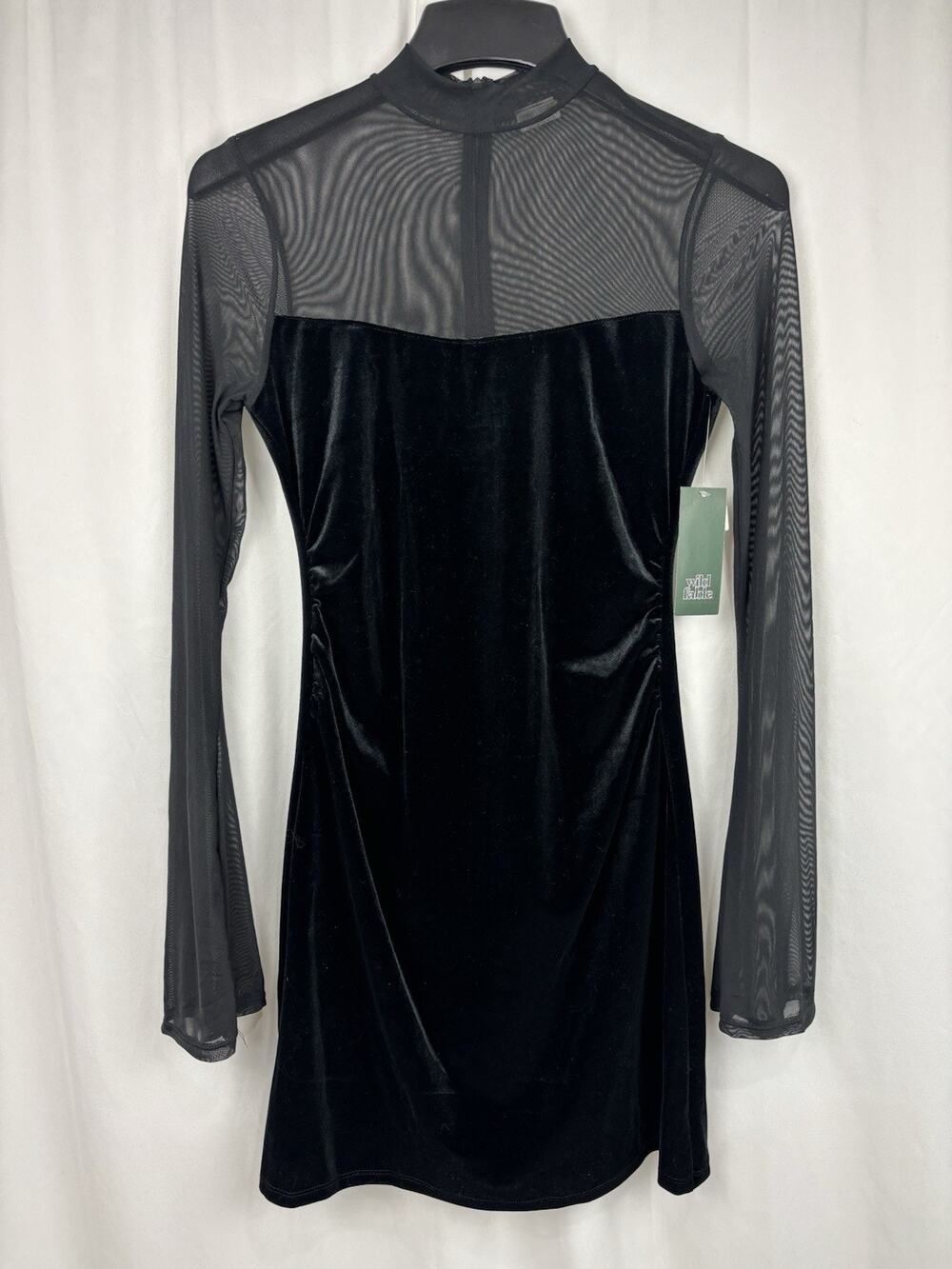 NWT Wild Fable Women's Size XS Bell Long Sleeve Mesh Mini A-Line Dress Black